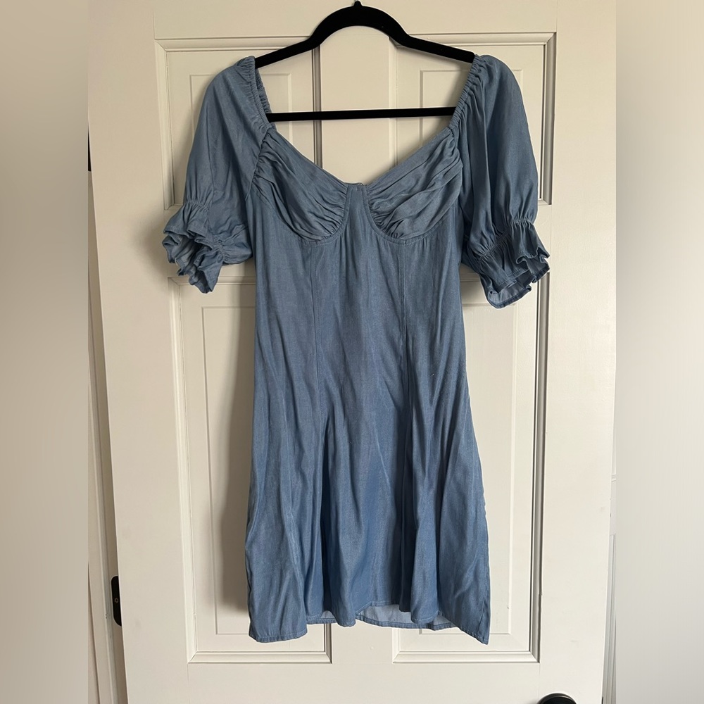 Puff Sleeve Sweetheart Neckline Chambray Mini Dress, Size S. Only worn once.